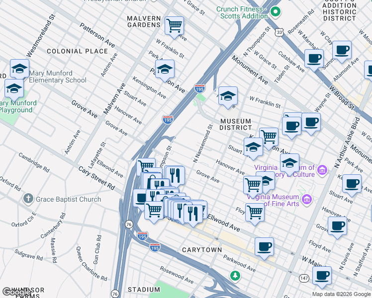 map of restaurants, bars, coffee shops, grocery stores, and more near 3529 Hanover Avenue in Richmond