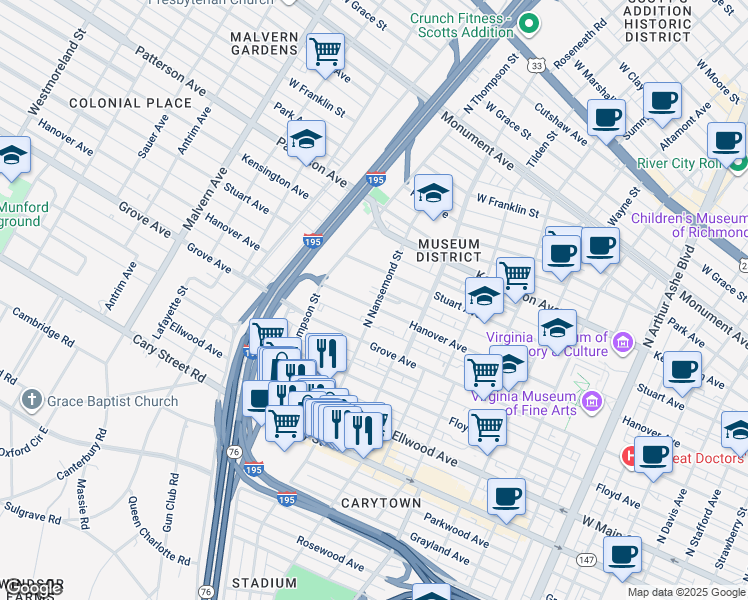 map of restaurants, bars, coffee shops, grocery stores, and more near 3502 Hanover Avenue in Richmond