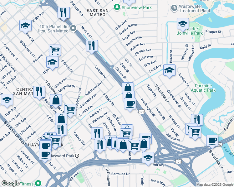 map of restaurants, bars, coffee shops, grocery stores, and more near 1010 Haddon Drive in San Mateo