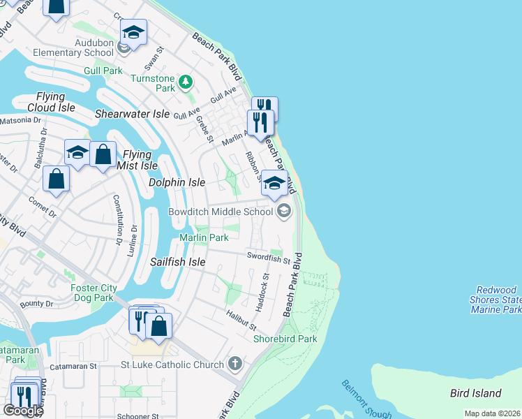 map of restaurants, bars, coffee shops, grocery stores, and more near 221 Bonita Lane in Foster City