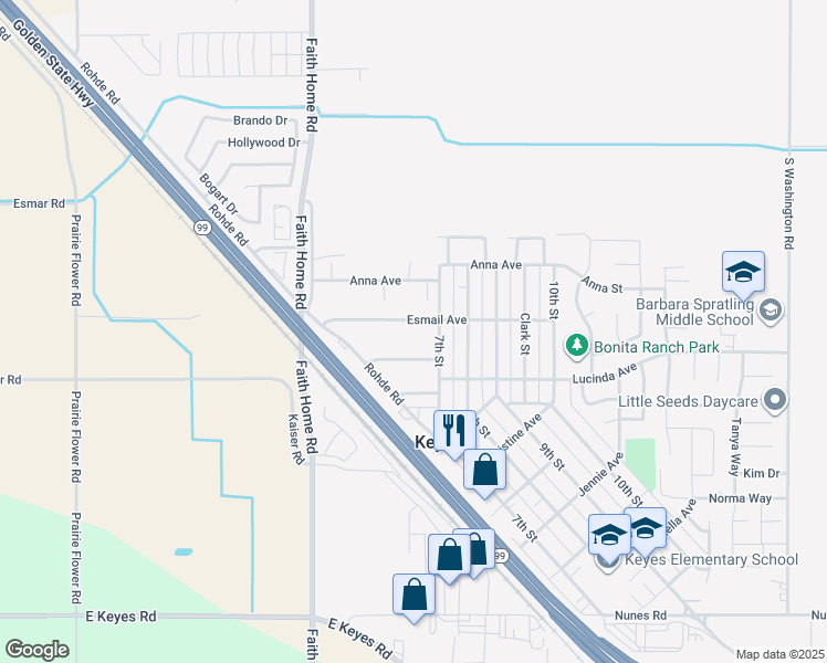 map of restaurants, bars, coffee shops, grocery stores, and more near 4212 Esmail Ave in Keyes