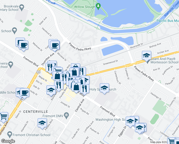 map of restaurants, bars, coffee shops, grocery stores, and more near 3570 Peralta Boulevard in Fremont