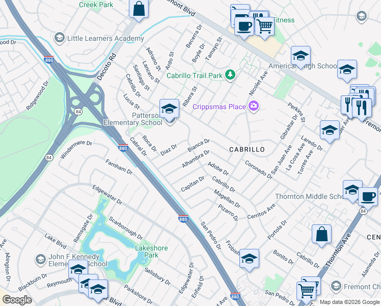 map of restaurants, bars, coffee shops, grocery stores, and more near 35705 Cabrillo Drive in Fremont