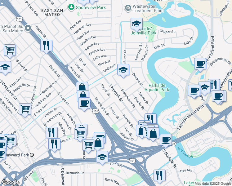 map of restaurants, bars, coffee shops, grocery stores, and more near 1694 South Norfolk Street in San Mateo