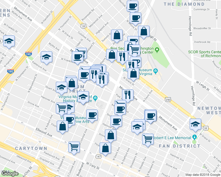 map of restaurants, bars, coffee shops, grocery stores, and more near 604 North Arthur Ashe Boulevard in Richmond