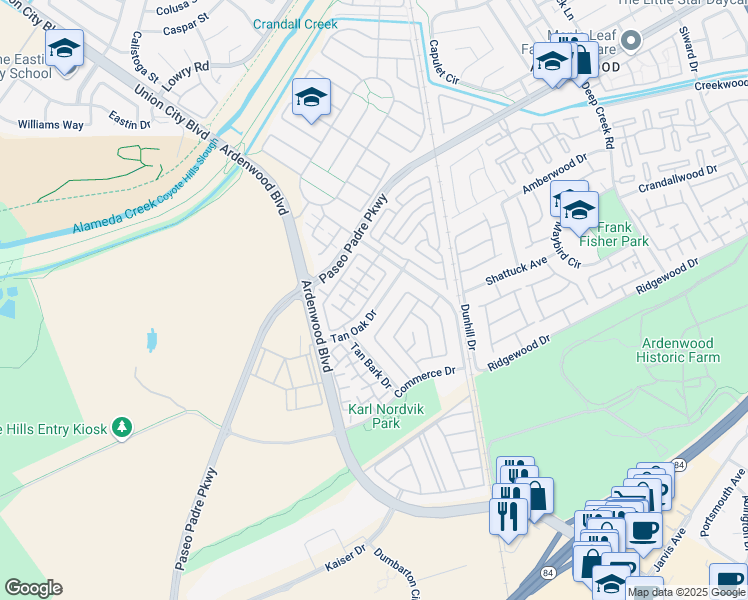 map of restaurants, bars, coffee shops, grocery stores, and more near 5677 Tan Oak Drive in Fremont