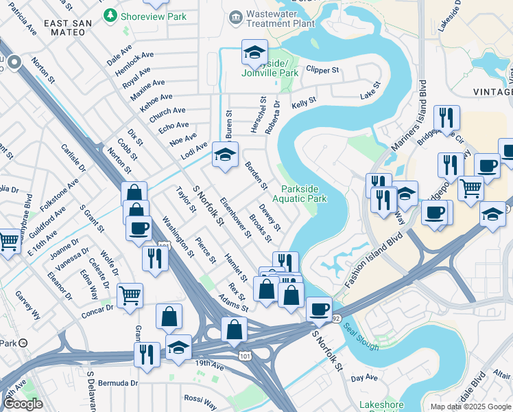 map of restaurants, bars, coffee shops, grocery stores, and more near 1710 Dewey Street in San Mateo