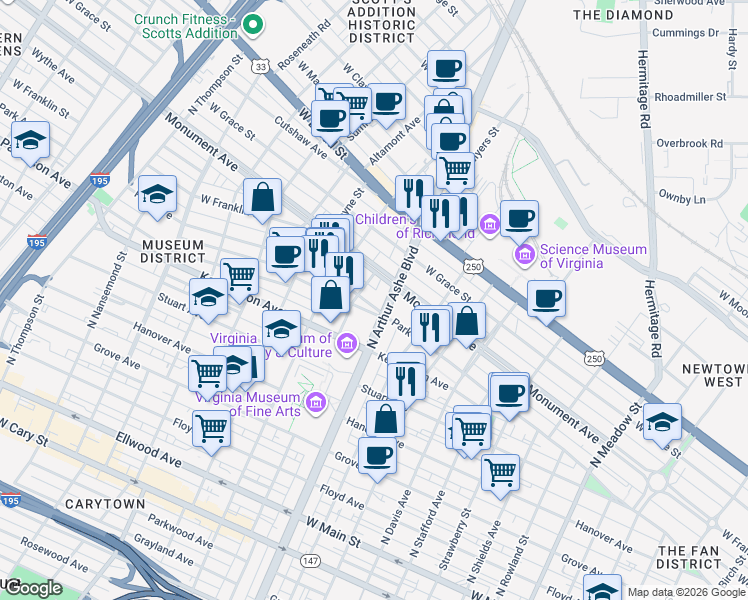 map of restaurants, bars, coffee shops, grocery stores, and more near 604 North Arthur Ashe Boulevard in Richmond