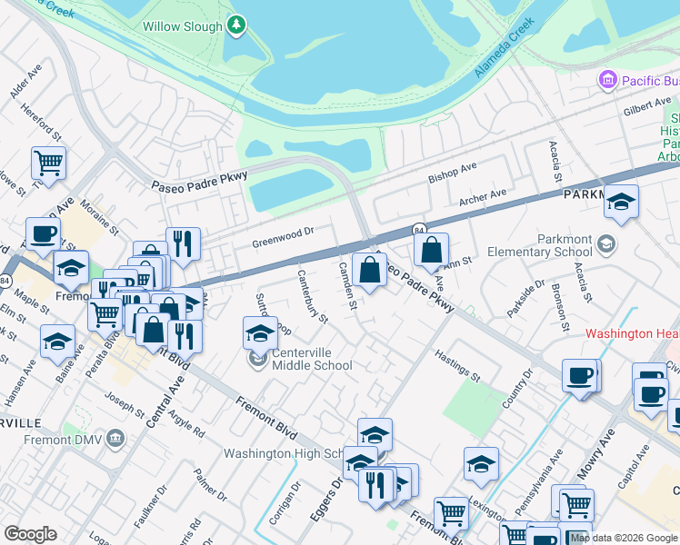 map of restaurants, bars, coffee shops, grocery stores, and more near 3151 Galahad Court in Fremont