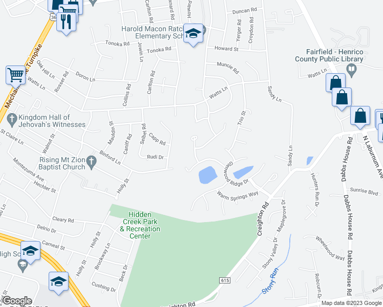 map of restaurants, bars, coffee shops, grocery stores, and more near 1312 Arbor Ridge Lane in Richmond