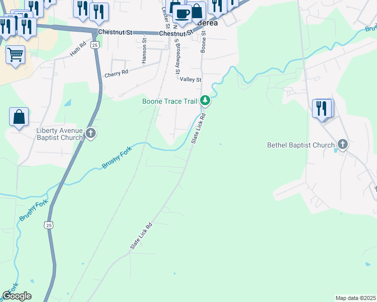 map of restaurants, bars, coffee shops, grocery stores, and more near 646 Slate Lick Road in Berea
