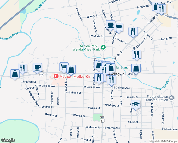 map of restaurants, bars, coffee shops, grocery stores, and more near 208 West Main Street in Fredericktown