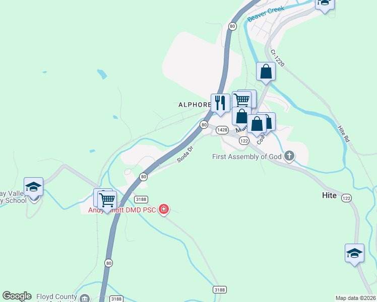 map of restaurants, bars, coffee shops, grocery stores, and more near Sioda Drive in Martin