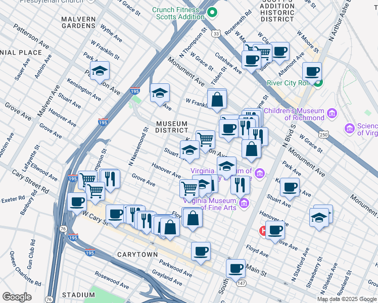 map of restaurants, bars, coffee shops, grocery stores, and more near 411 Tilden Street in Richmond
