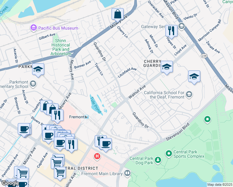 map of restaurants, bars, coffee shops, grocery stores, and more near 1087 Vardin Terrace in Fremont