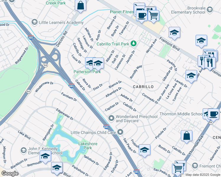 map of restaurants, bars, coffee shops, grocery stores, and more near 35705 Cabrillo Drive in Fremont