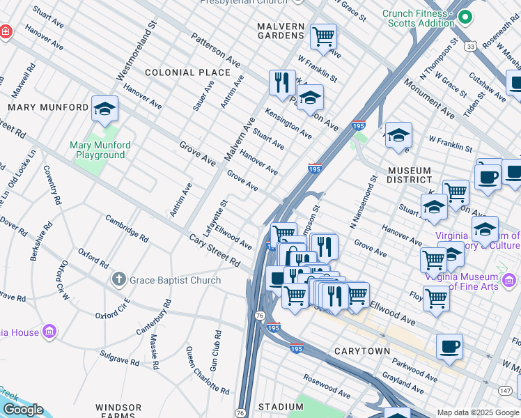 map of restaurants, bars, coffee shops, grocery stores, and more near 205 N Hamilton St in Richmond