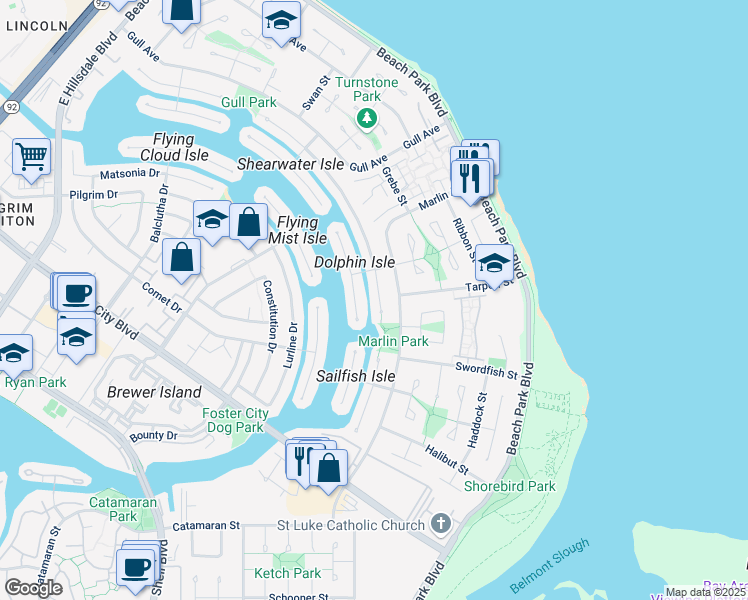map of restaurants, bars, coffee shops, grocery stores, and more near 1150 Flying Fish Street in Foster City