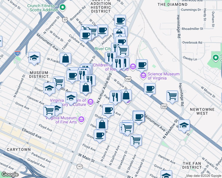 map of restaurants, bars, coffee shops, grocery stores, and more near 2795 Monument Avenue in Richmond
