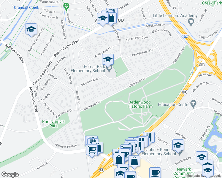 map of restaurants, bars, coffee shops, grocery stores, and more near 34513 Alberta Terrace in Fremont