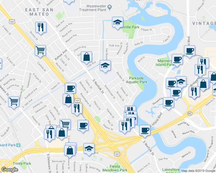 map of restaurants, bars, coffee shops, grocery stores, and more near 1701 Eisenhower Street in San Mateo