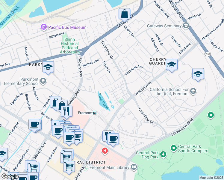 map of restaurants, bars, coffee shops, grocery stores, and more near 38883 Bass Common in Fremont