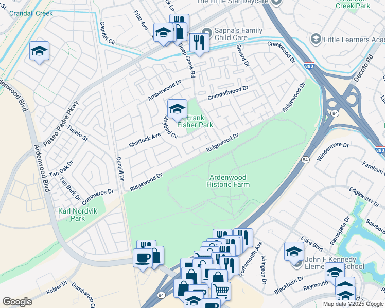 map of restaurants, bars, coffee shops, grocery stores, and more near 34528 Northstar Terrace in Fremont