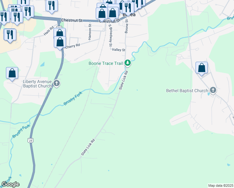 map of restaurants, bars, coffee shops, grocery stores, and more near 646 Slate Lick Road in Berea