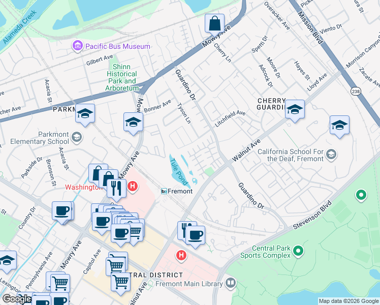 map of restaurants, bars, coffee shops, grocery stores, and more near 38860 Garibaldi Common in Fremont