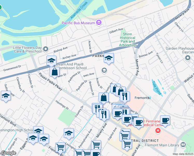 map of restaurants, bars, coffee shops, grocery stores, and more near 2601 Parkside Drive in Fremont