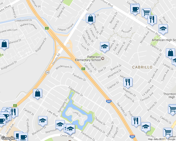 map of restaurants, bars, coffee shops, grocery stores, and more near 35511 Cabral Drive in Fremont