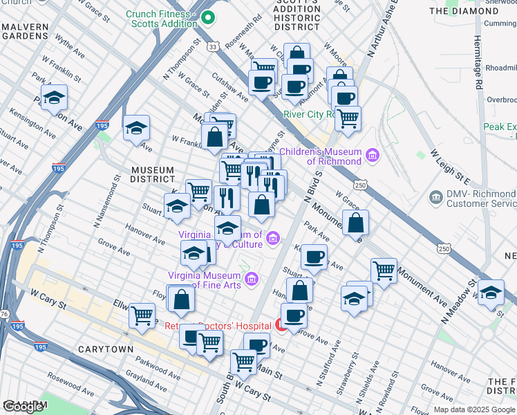 map of restaurants, bars, coffee shops, grocery stores, and more near 525 North Sheppard Street in Richmond