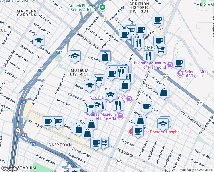 map of restaurants, bars, coffee shops, grocery stores, and more near 3118 Kensington Avenue in Richmond