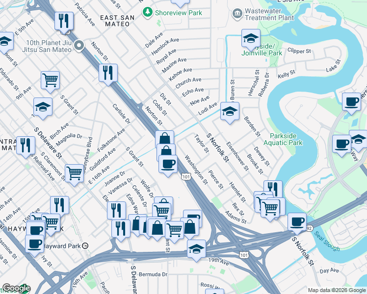 map of restaurants, bars, coffee shops, grocery stores, and more near 1663 Washington Street in San Mateo