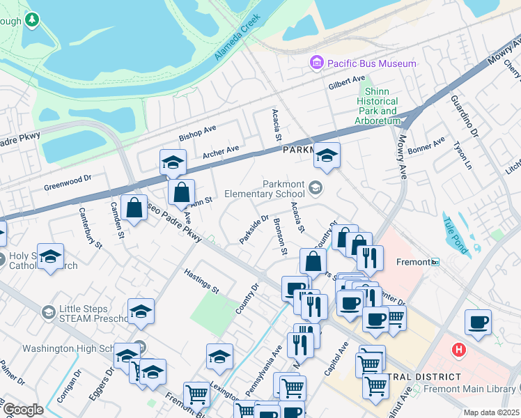 map of restaurants, bars, coffee shops, grocery stores, and more near 38058 Inez Avenue in Fremont