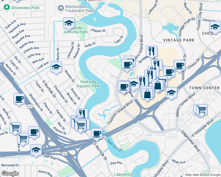 map of restaurants, bars, coffee shops, grocery stores, and more near 834 Wharfside Road in San Mateo