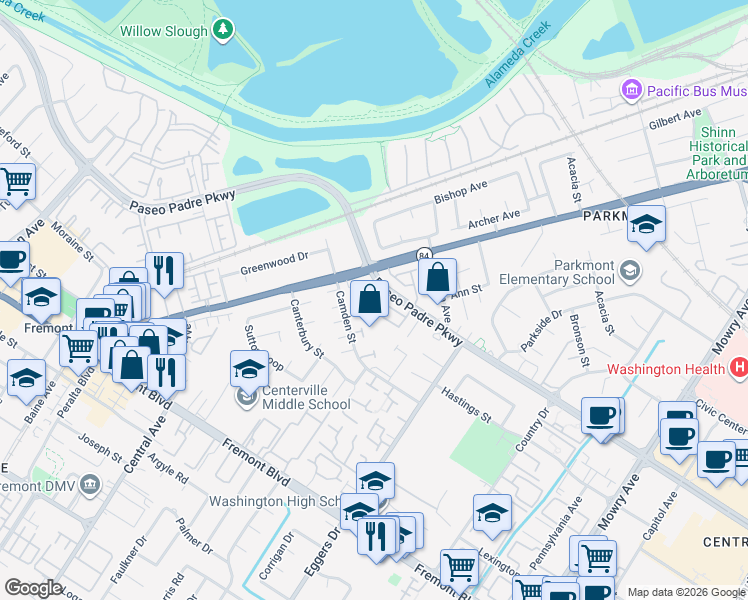 map of restaurants, bars, coffee shops, grocery stores, and more near 37901 Bright Common in Fremont