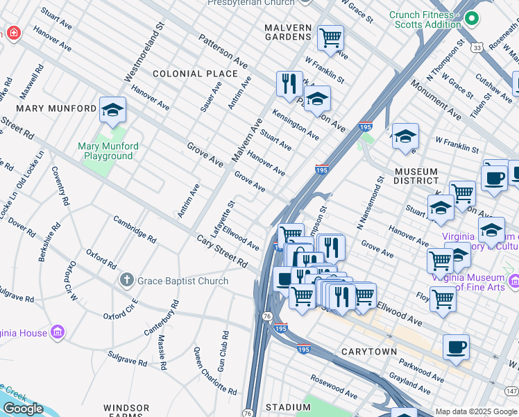 map of restaurants, bars, coffee shops, grocery stores, and more near 205 North Hamilton Street in Richmond