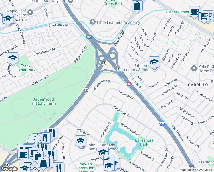 map of restaurants, bars, coffee shops, grocery stores, and more near 35152 Rugby Place in Newark