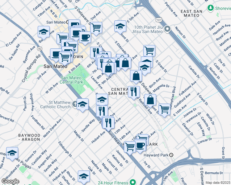 map of restaurants, bars, coffee shops, grocery stores, and more near in San Mateo