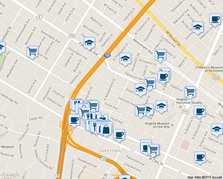 map of restaurants, bars, coffee shops, grocery stores, and more near 311 North Nansemond Street in Richmond