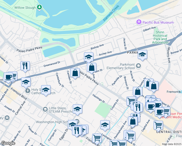 map of restaurants, bars, coffee shops, grocery stores, and more near 38149 Martha Avenue in Fremont
