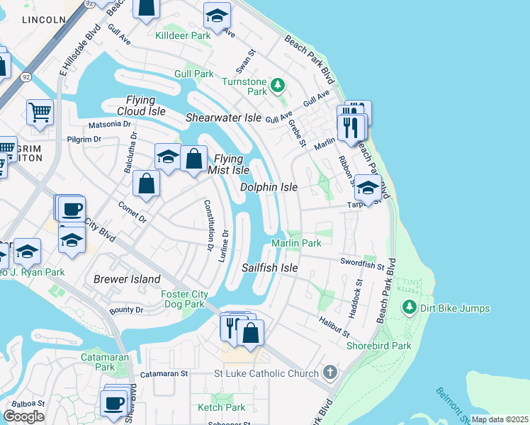 map of restaurants, bars, coffee shops, grocery stores, and more near 323 Dolphin Isle in Foster City