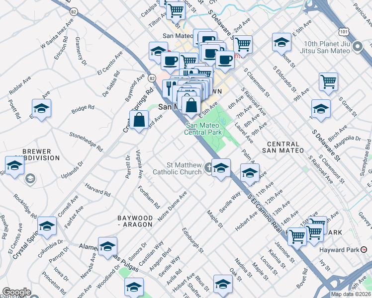 map of restaurants, bars, coffee shops, grocery stores, and more near 50 Mission Drive in San Mateo
