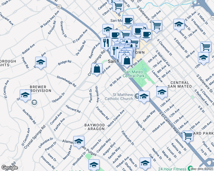map of restaurants, bars, coffee shops, grocery stores, and more near 146 Dartmouth Road in San Mateo