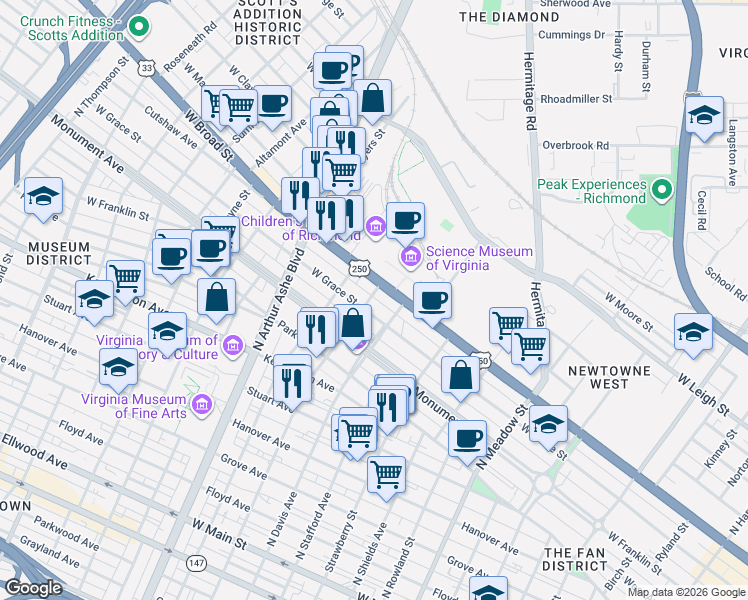 map of restaurants, bars, coffee shops, grocery stores, and more near 803 North Robinson Street in Richmond