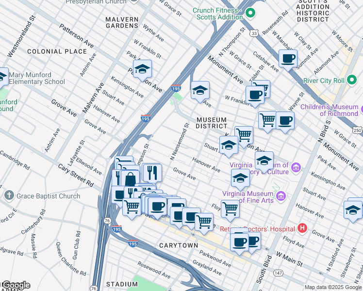 map of restaurants, bars, coffee shops, grocery stores, and more near 311 North Nansemond Street in Richmond