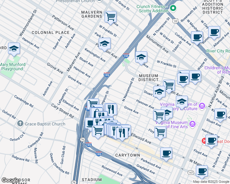 map of restaurants, bars, coffee shops, grocery stores, and more near 3529 Hanover Avenue in Richmond