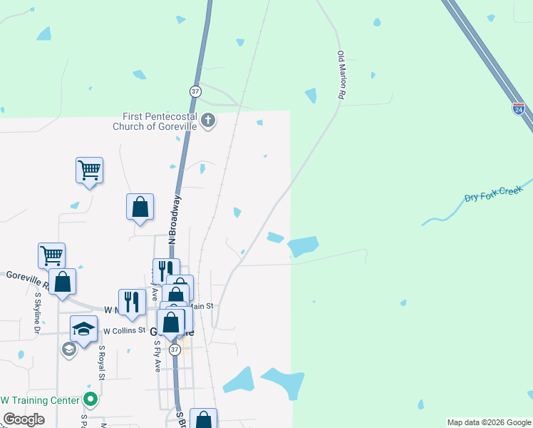 map of restaurants, bars, coffee shops, grocery stores, and more near 1094-1698 North Old Marion Road in Goreville