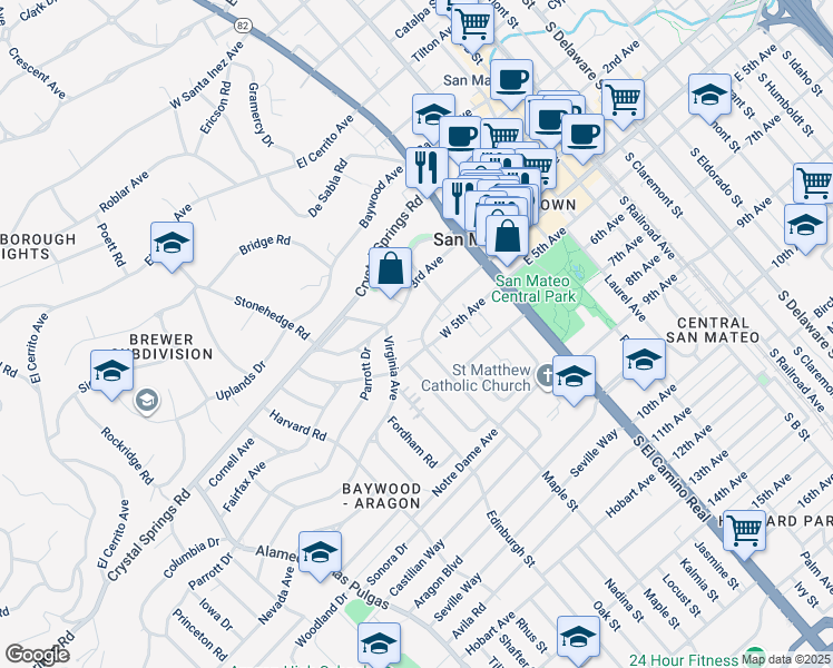 map of restaurants, bars, coffee shops, grocery stores, and more near 144 Dartmouth Road in San Mateo